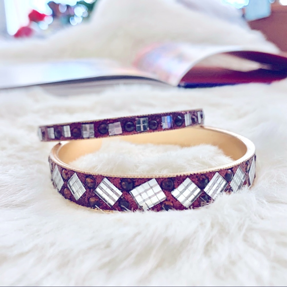 Gorgeous & Sparkly Rose Gold Bangles Red w/Unique Silver Baguettes Bracelet Set